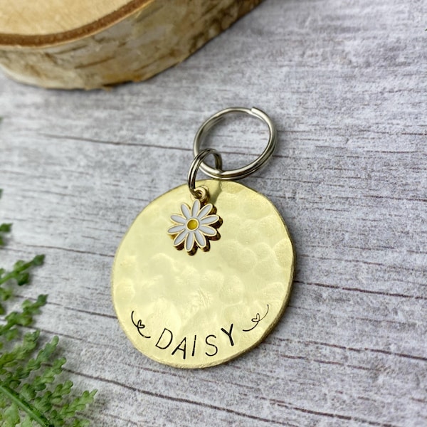 Dog Tag | Daisy Dog Tag | Pet Tag For Puppies, Cats and Dogs | White and Gold Dog ID Tag | Flower Dog Tag | Flower Charm Dog Tag