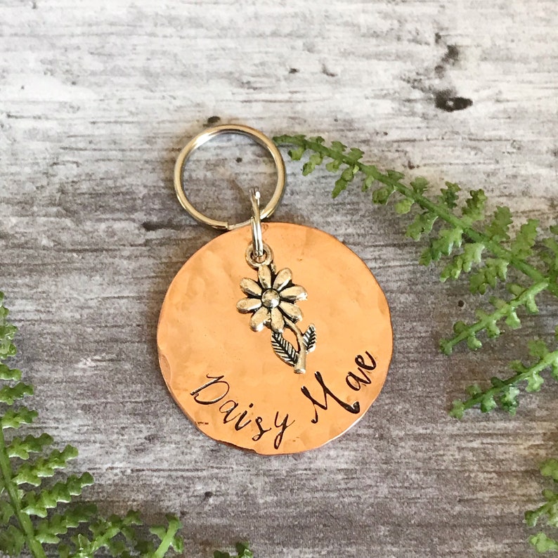 Dog Tag Stemmed Daisy Dog Tag Flower Dog ID Tag Personalised Dog Tag Copper Dog ID Tag Pet Tag 2 Sizes Available image 1