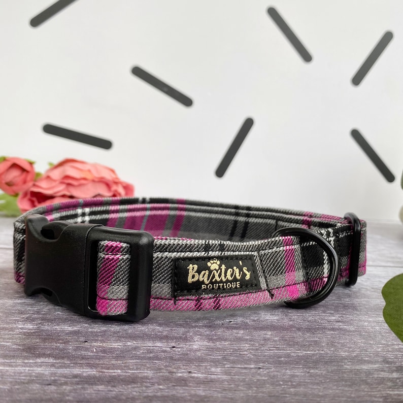 Dog Collar Pink and Grey Tartan Dog Collar Handmade Dog Etsy UK