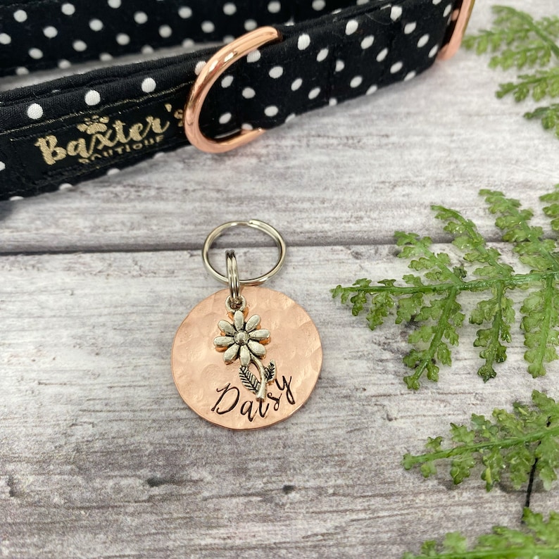 Dog Tag Stemmed Daisy Dog Tag Flower Dog ID Tag Personalised Dog Tag Copper Dog ID Tag Pet Tag 2 Sizes Available image 6