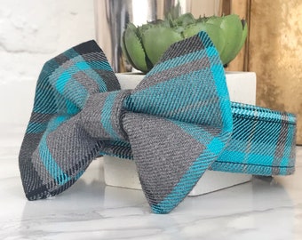 Dog Bow Tie | Teal Blue and Grey Tartan Dog Bow Tie | Blue Tartan Bow Tie | Bow Tie For Dog | Tartan Dog Bow Tie | Slip On Bow | Dog Bowtie