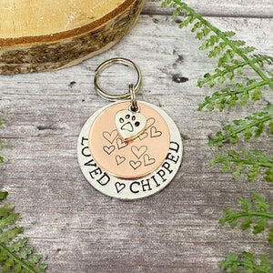 Dog Tag | Loved & Chipped Hearts Dog Tag | Heart Dog Tag | Copper Pet Tag | Pet ID Tag | Hearts Dog ID Tag