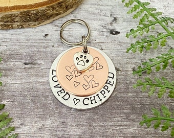 Dog Tag | Loved & Chipped Hearts Dog Tag | Heart Dog Tag | Copper Pet Tag | Pet ID Tag | Hearts Dog ID Tag