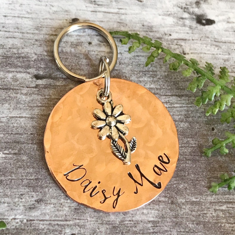 Dog Tag Stemmed Daisy Dog Tag Flower Dog ID Tag Personalised Dog Tag Copper Dog ID Tag Pet Tag 2 Sizes Available image 8