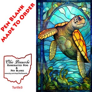 May include: A stained glass style image of a sea turtle swimming in blue water with green seaweed. The turtle is yellow, green, and brown. The image is framed in a black border.