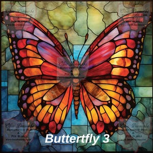 May include: A stained glass butterfly with vibrant colors of red, orange, yellow, and blue. The butterfly design is set against a mosaic background. The text "Butterfly 3" is displayed at the bottom.