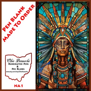 May include: A stained glass style illustration of a Native American person wearing a headdress with feathers. The background is a mosaic of blue, green, and orange colors. The image is titled "NA1".