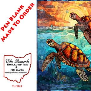 May include: A stained glass style illustration of two sea turtles swimming in the ocean. The turtles are orange, brown, and green. The ocean is blue and green. The sun is setting in the background. The image is titled "Turtle2".
