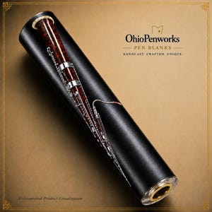 May include: A pen blank with a bassoon design inside a black case. The pen blank is brown and silver, and the case has gold accents. The text "Ohio Penworks" is visible, along with "Handcast. Crafted. Unique."