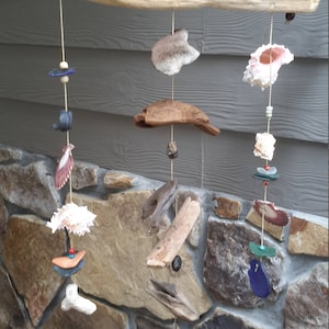 Large beach mobile with driftwood glass and shells