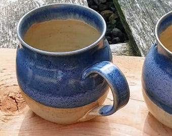 3 Mugs Set.  Wattlefield Pottery mug set trio, handmade by Andrea Young.  Stoneware, blue and beige.