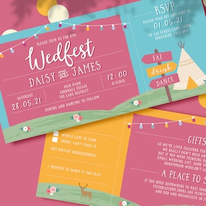 Festival Hochzeitseinladung - Wedfest Tipi Invite, Boho Camping Hochzeit, Konzertticket-Stil, rustikale Hochzeitspapeterie im Freien