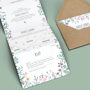 Modelo de convite de casamento, convite de flores silvestres, convite de casamento sanfona, convite dobrado, convite de casamento na floresta, para impressão