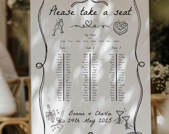 Hand Drawn Wedding Table Plan Sign | Banquet Long Tables Seating Chart | Black & White Seating Plan | Digital Download | Printed A1/A2 Board