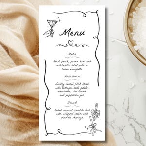 Ręcznie rysowane niestandardowe menu weselne, drukowana karta menu, ilustrowane rysunki, kapryśne, falista obwódka wstążki, szablon cyfrowy, czarno-biały