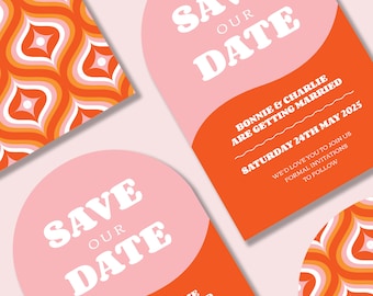 Retro 70s Arch Save the Date Card: Groovy Bohemian Wedding Invitation