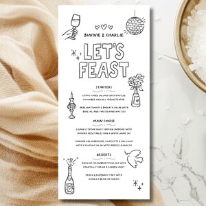 Menú de boda impreso, dibujado a mano, tarjeta de menú, garabato divertido ilustrado, caprichoso, en blanco y negro, plantilla digital, tarjeta de menú de cena, tamaño DL