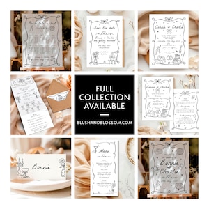 Hand drawn whimsical wedding stationery set including invitations, table plan, welcome sign, name cards, menus, place cards, menus and table numbers. All professionally printed on high quality card