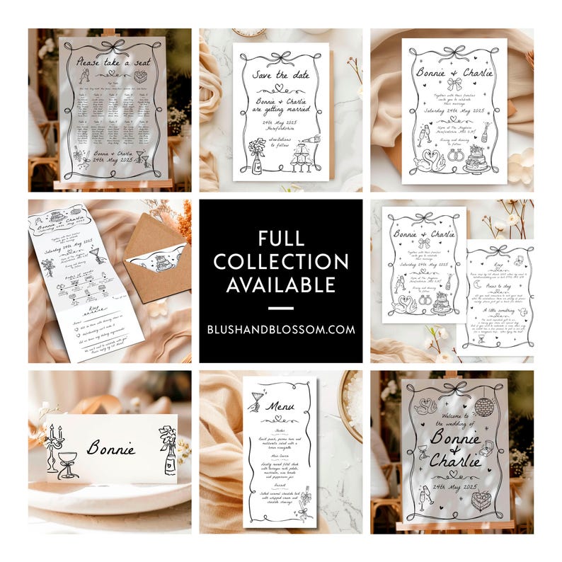 Hand drawn whimsical wedding stationery set including invitations, table plan, welcome sign, name cards, menus, place cards, menus and table numbers. All professionally printed on high quality card