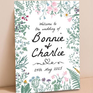 Cartello di benvenuto per matrimonio con fiori selvatici - Design floreale boho, formato A1 A2 stampato o PDF digitale, personalizzato, cartello per matrimonio rustico e stravagante.