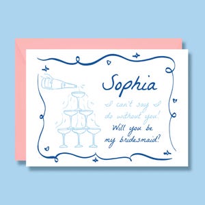 Cartão de pedido de casamento para madrinha, "Quer ser minha madrinha?", Borda ondulada, Desenho à mão, Azul, Personalizado, Rabiscos, Modelo, Impresso