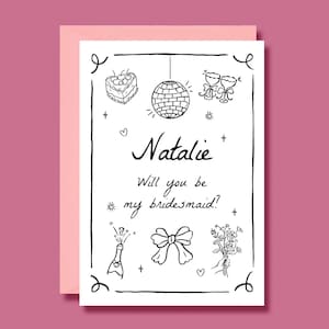 Tarjeta de propuesta de dama de honor, ¿Serás mi dama de honor?, Blanco y negro, Dibujo a mano caprichoso, Personalizado, Moderno simple, Lazo de bola de discoteca, Impreso