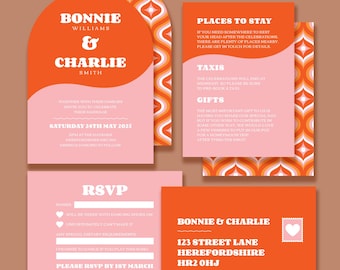Arch Retro Wedding Invitation Suite: 1970s Paisley Design