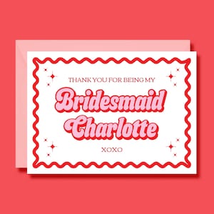 Tarjeta de agradecimiento para dama de honor, personalizada con nombre, impresa, estilo disco retro de los 70, borde ondulado, rosa y rojo, regalo para dama de honor.