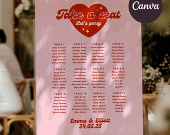 Red and Pink Retro Pink Wedding Seating Chart, Canva Template (Digital Download)