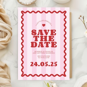 Save the Date Kartenvorlage | Rosa und rote Streifen | Wellenrand | Gedruckte A6 Karte | Digital | Modern | cool | Bunt | Retro | Wunderlich