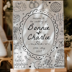 Hand-Drawn Wedding Welcome Sign: Whimsical Doodle Illustration (Printed Board or Digital Template)