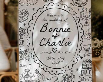 Wedding Welcome Sign, Whimsical, Hand Drawn, Retro, Black White, Printed Board, Digital Template, Doodle Illustration, Handwritten, A1, A2