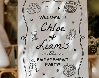 Engagement Party Welcome Sign, Whimsical Hand Drawn, Romantic Black White, Printed Board, Digital Template, Doodle Illustration, Handwritten