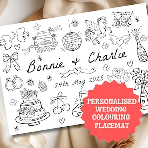 May include: Black and white line art wedding coloring placemat with the names "Bonnie & Charlie" and the date "24th May 2025". Features illustrations of wedding symbols like a cake, rings, and a car.
