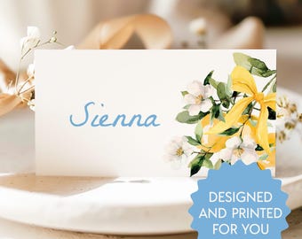 Watercolor Lemon Wedding Place Cards: Italian Mediterranean Personalized Name Cards