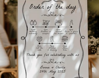 Order of The Day Wedding Sign, Order of Events, Printed Board, Hand Drawn, Black White, Illustrated Doodles, Ribbon Bow, Welcome Sign, A1 A2