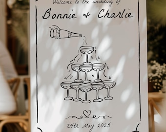 Wedding Welcome Sign, Hand Drawn, Champagne Tower, Whimsical, Retro, Black and White, French Style, Engagement Party, Printed Board, Digital