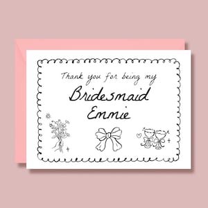 Tarjeta de agradecimiento para dama de honor, nombre personalizado, gracias por ser dama de honor, impresa, lazo de cinta, dibujada a mano, blanco y negro, caprichosa