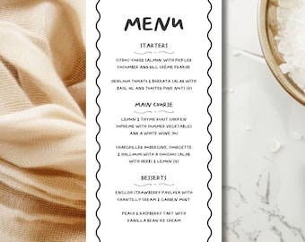 Puede incluir: Una tarjeta de menú blanca con un borde decorativo negro. El menú enumera entrantes, platos principales y postres. Los platos incluyen salmón curado con cítricos, ensalada de tomate heirloom, pollo asado al limón y tomillo y pavlova de fresa.