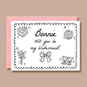 Tarjeta de propuesta de dama de honor, ¿Serás mi dama de honor?, Blanco y negro, Dibujo a mano, Personalizado, Pintado, Moderno, Sencillo, Disco, Impreso