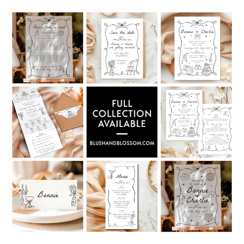 Hand drawn, whimsical black and white modern and fun wedding stationery collection including invitations, welcome sign, menus, place cards, table plans and more