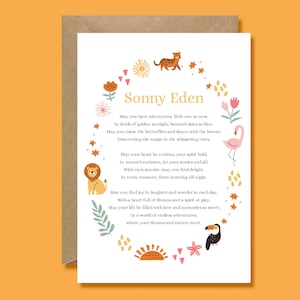 Tarjeta personalizada para recién nacido con nombre: diseño bohemio de animales, poema para bebé, regalo personalizado, deseos para recién nacido, tarjeta de cumpleaños o bautizo.