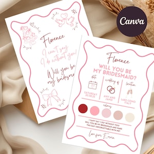 Carte d'informations sur la fête de la mariée, seras-tu ma proposition de demoiselle d'honneur, modèle de toile numérique, bordure ondulée dessinée à la main, modifiable, téléchargement, imprimable