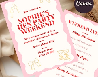 Bachelorette Itinerary: Pink & Red Hen Party Invite (Canva Template)