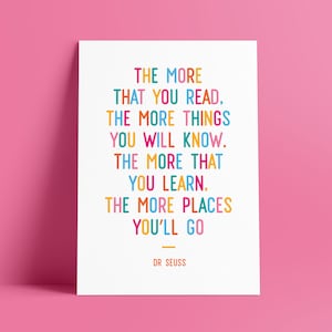 Impresión del Dr. Seuss, impresión con cita, cuanto más leas, arcoíris colorido, guardería, póster, tipografía, arte de pared, dormitorio infantil, literario