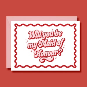 Biglietto d'auguri "Sarai la mia damigella d'onore" / Proposta di matrimonio retrò anni '70 / Design colorato rosa e rosso / Bordo ondulato / Idea regalo per damigella d'onore / Stampato