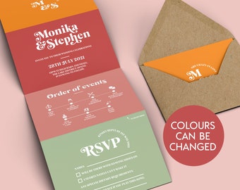 Retro Concertina Wedding Invitations: 70s Colorful Folded Invites
