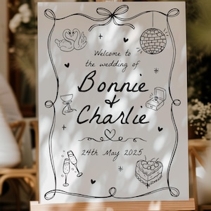 Hochzeit Willkommensschild, handgemalt, wunderlich, Retro, schwarz weiß, Platine, digitale Vorlage, Gekritzel Illustration, handgeschrieben