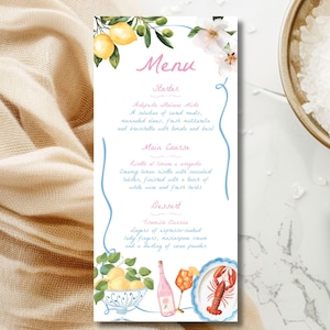 Menu de mariage d'inspiration italienne, côte amalfitaine, fantaisiste, mariage estival en Italie, menu de mariage personnalisé, aquarelle, carte de menu imprimée, numérique