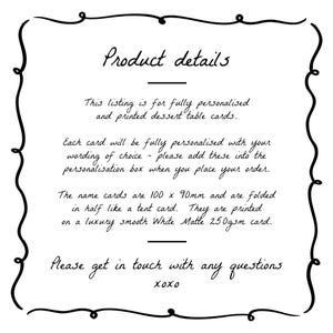 Printed and personalised dessert table signs for wedding